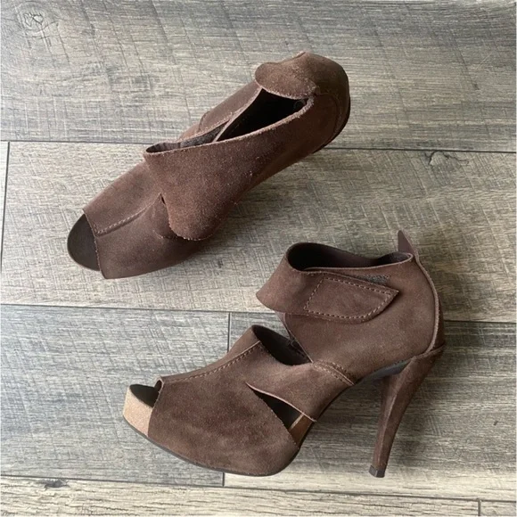 Pedro Garcia Brown Suede Leather High Heel Open Toe Booties Size 41.5